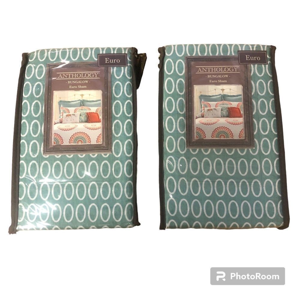 Anthology Bungalow Euro Shams Set Of 2 Jade Green White NEW